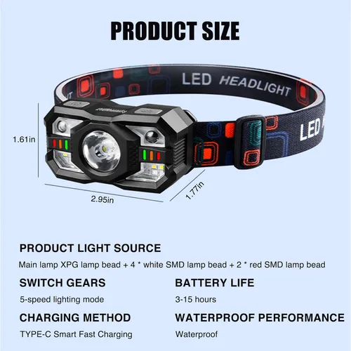 Vista 8 de Linterna frontal recargable, 1200 lúmenes súper brillante LED con sensor de movimiento, 10 modos, impermeable, ligera, linterna con luz roja