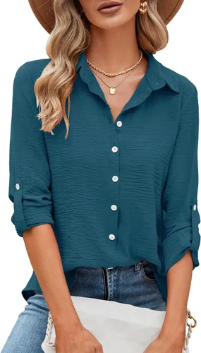 Vista 52 de Odosalii - Camisas con botones para mujer, con cuello en V, manga larga, enrolladas, blusas elegantes y formales para negocios y ocasiones casuales