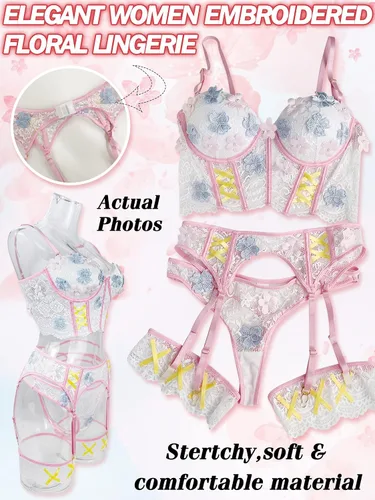 Vista 4 de popiv Conjunto de lencería floral para mujer, brasier y calzón con liguero de encaje