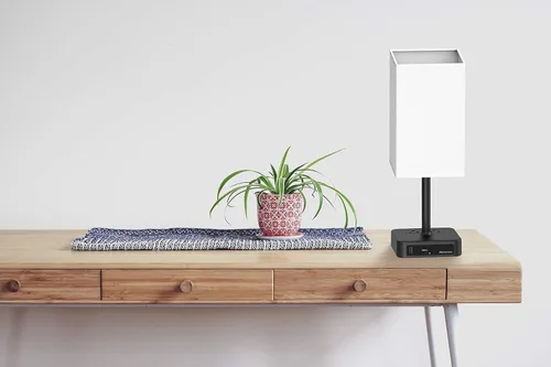 Vista 8 de Lámpara de mesa de noche con control táctil y puertos de carga USB C+A, lámpara de escritorio LED con 2 salidas de CA, luz minimalista para mesita