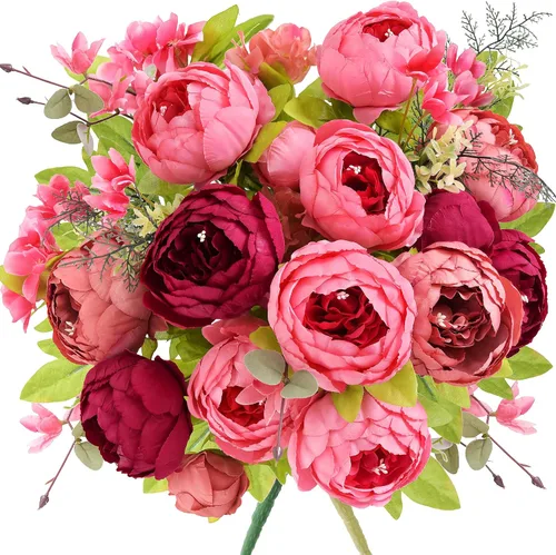 Vista 15 de Ramo de peonías artificiales – Juego de 2 tallos de flores de seda sintética – Ramos listos para el estilo para bodas, decoración del hogar, eventos