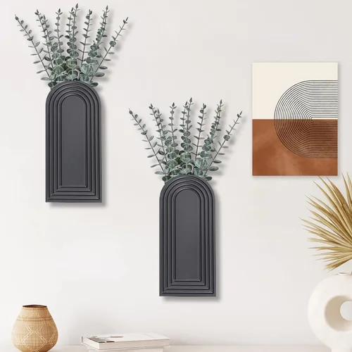 Vista 6 de Dnnnii Juego de 2 jarrones de pared de madera, acabado negro, decoración de pared moderna de granja y bohemio para entrada, pasillo, baño, sala