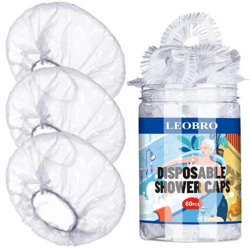 Vista 8 de LEOBRO Gorros de ducha desechables, gorro de ducha, 60 piezas de gorros de ducha desechables para mujer, de plástico transparente, para ducha