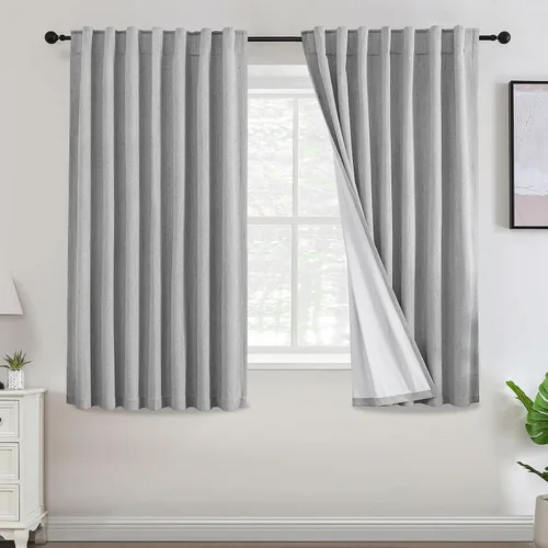 Vista 13 de Turquoize - Cortinas 100% opacas de 63 pulgadas de largo, textura de lino de chenilla térmica aislada para oscurecimiento de la habitación, cortinas