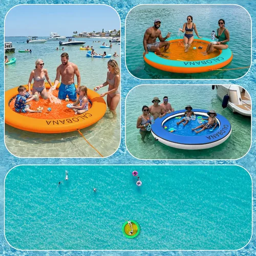 Vista 4 de CALOBANA Hamaca de agua inflable redonda flotante, flota lago isla balsa plataforma de muelle inflable para adultos, piscina, río, fiesta en la playa