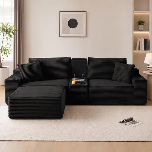 Vista 2 de Sofá modular sin hueso de 111 pulgadas en forma de L con portavasos y puertos de carga USB, sofá modular de 3 asientos con otomana de Negro azabache
