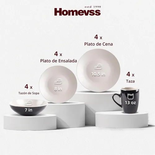 Vista 2 de HomeVss - Juego de vajilla de gres de dos tonos Colors Life de 16 piezas, exterior negro brillante + interior con esmalte mate color beige claro