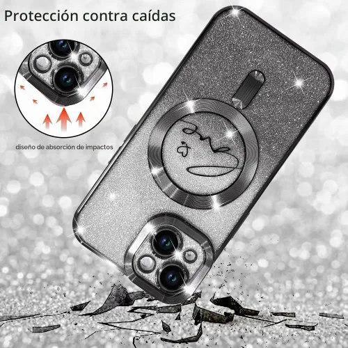 Vista 3 de ZIYE Funda Magnética Diseñada para iPhone 14 Funda con Purpurina Plateado de Lujo Corazón de Amor Compatible con MagSafe Funda Transparente con Negro