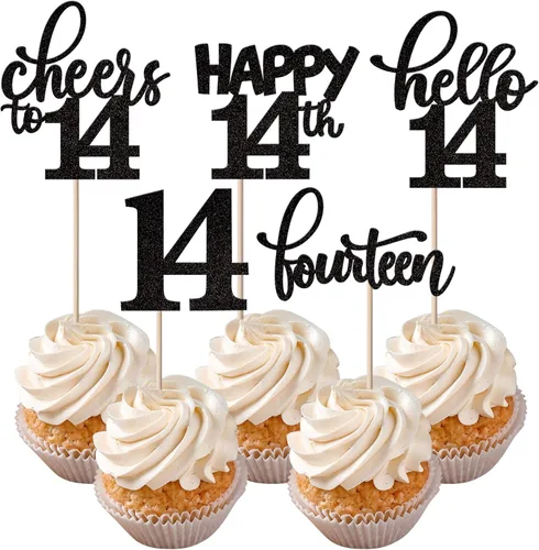 Vista 41 de Rsstarxi Paquete de 30 adornos para cupcakes de 6º cumpleaños con purpurina negra de seis Hello 6 para cupcakes Cheers to 6 años de edad