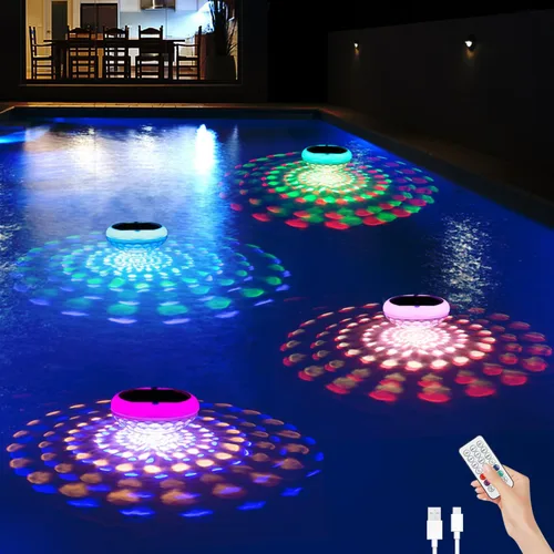 Vista 13 de Luces solares para piscina (1 unidad), 2600 mAh USB recargables luces flotantes flotantes de 6.7 pulgadas IP68 impermeable con control remoto, RGB