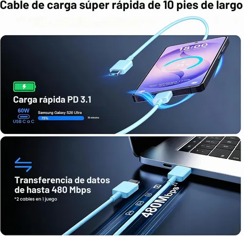 Vista 5 de Cargador USB C súper rápido de 60 W, cargador tipo C, bloque de carga rápida para teléfono Android con cable de carga rápida USB C de 10 pies