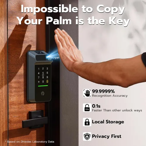 Vista 2 de Cerradura inteligente de Palm Vein, cerradura inteligente WiFi con timbre, cerradura de puerta de entrada sin llave con huella digital, cerrojo