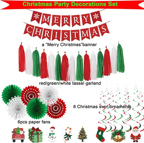 Vista 2 de Juego de decoraciones para fiesta de Navidad – Letrero de Feliz Navidad, guirnalda de borlas rojas, verdes y blancas, abanicos de papel y adornos