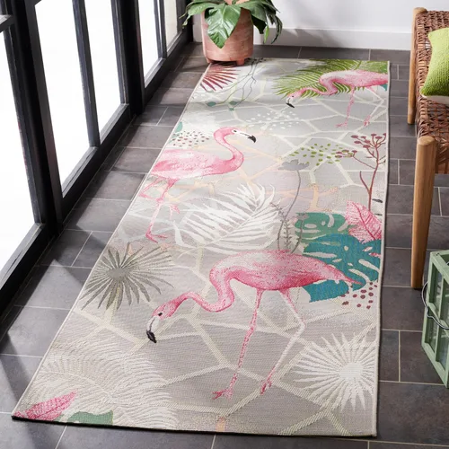 Vista 2 de SAFAVIEH Alfombra lavable para exteriores, colección Barbados, alfombra de pasillo de 2 pies 8 pulgadas x 8 pies, color gris y rosa, no desprende