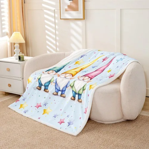 Vista 3 de Erosebridal Cartoon Gnomes Fleece Blanket,Dwarf Throw Blanket 40x50 Inch for Bedroom Living Rooms Sofa Couch,Colorful Stars Sherpa