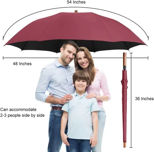 Vista 3 de Paraguas grande con mango de madera para lluvia, paraguas de golf abierto automático, resistente al viento, 54 pulgadas, elegante paraguas