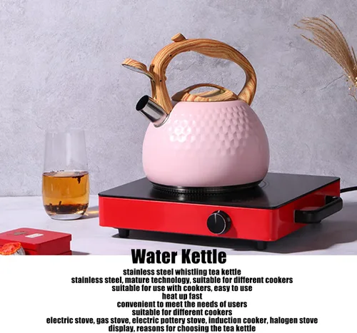 Vista 4 de Hervidor de té, tetera de acero inoxidable de 3 litros, estufa doméstica silbante, tetera versátil para estufa (9.1 in-rosa)