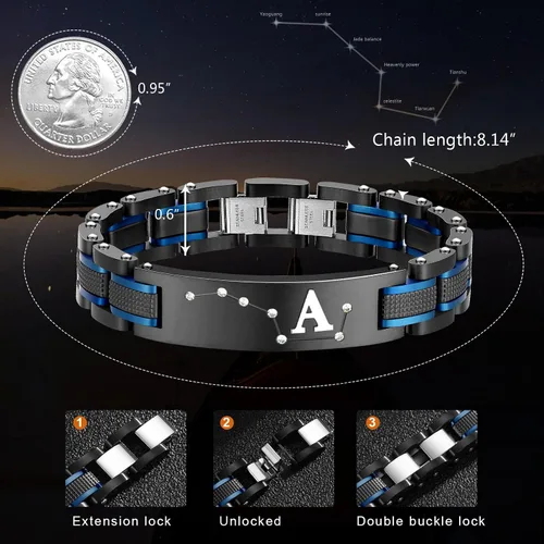 Vista 2 de Pulsera de dos tonos de acero inoxidable para hombre, chapado en iones negro y azul, regalo para hombres, marido, padre