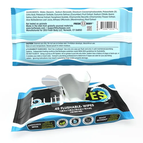 Vista 4 de ButtWIPES Toallitas desechables (1 paquete, 45 toallitas) – Toallitas desechables para adultos – Toallitas para glúteos a base de agua con aloe