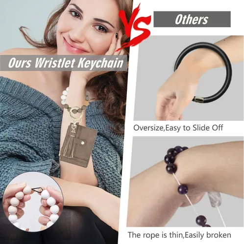 Vista 4 de Cartera llavero pulsera para mujer, delgado RFID tarjeta de crédito, monedero, borla llavero brazalete para hombres y mujeres, Arcilla, Classic