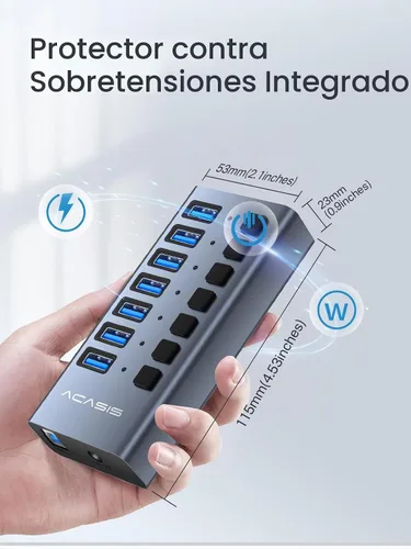 Vista 5 de ACASIS Hub USB 3.2 de 7 puertos con alimentación, transferencia de datos