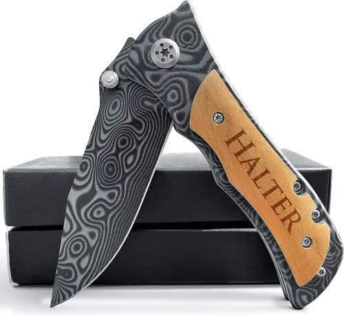 Vista 3 de Cuchillo de bolsillo grabado personalizado para hombres, cuchillo plegable personalizado con caja de madera para uso diario