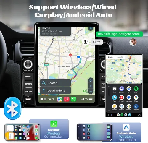 Vista 2 de [2+64G] Android 15 Estéreo de coche doble DIN con CarPlay inalámbrico y Android Auto 9.5" Vertical HD Touch Screen Car Radio,Mirror Link