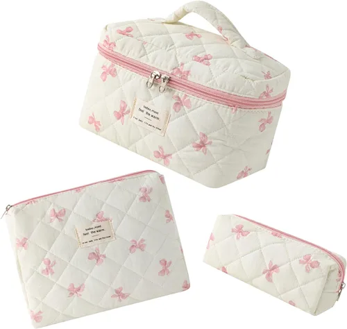Vista 16 de uekeboag - Bolsa de maquillaje grande de viaje acolchada para mujer, neceser de algodón con estampado floral, neceser con estampado floral
