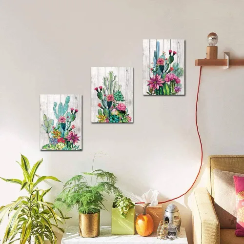 Vista 4 de 3 piezas enmarcadas de arte para pared, acuarela, plantas tropicales, cactus del desierto, impresión en lienzo para dormitorio, baño, flores