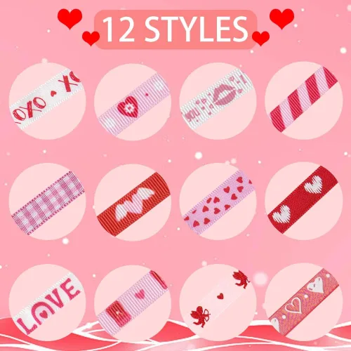Vista 3 de Cintas de San Valentín de 12 yardas, cintas rojas y rosadas, cinta decorativa de grogrén XOXO, corazón de San Valentín, cintas de organza de 3/8