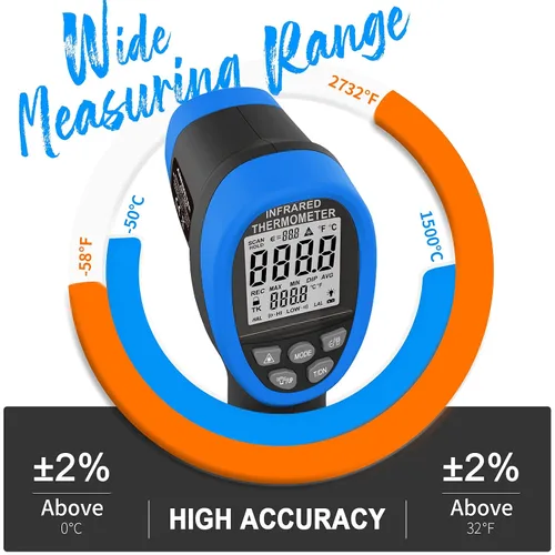 Vista 3 de AIOMEST Termómetro infrarrojo digital – Pistola de alta temperatura sin contacto AI-1500 Medidor de temperatura de pirómetro infrarrojo -58 ~ 2732 ℉