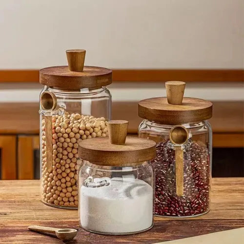 Vista 3 de ANSQU Tarro de vidrio con tapa y cuchara de madera, recipientes de almacenamiento de alimentos, tarro de café, recipiente de almacenamiento