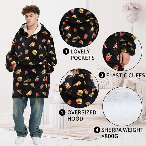 Vista 4 de Fiosnow Sudaderas con capucha de pizza y papas fritas para mujeres y hombres, sudaderas con capucha de tamaño grande para adultos, manta portátil