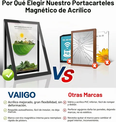 Vista 7 de Soporte para Letrero de Pared de 8.5" x 11" de Acrílico, Marco de Exhibición Magnético Autoadhesivo con Cinta Nano y Borde Magnético Fuerte