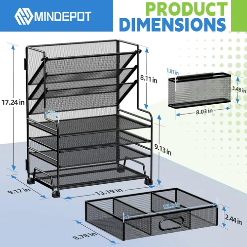 Vista 2 de MINDEPOT Organizador de papel de 4 niveles + soporte para archivos de 3 bolsillos + cajón + soportes para bolígrafos, organizador de archivos