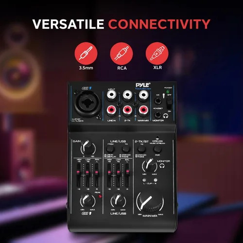 Vista 4 de Pyle Mezclador de audio Bluetooth de 3 canales - Controlador de sonido DJ e interfaz de tarjeta de sonido USB para grabación de PC, entrada XLR