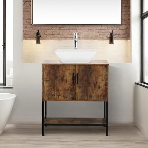Vista 51 de UEV Juego de tocador de baño antiguo de 24 pulgadas, color marrón oscuro con lavabo, armario de baño de madera de hierro con grifo de temperatura