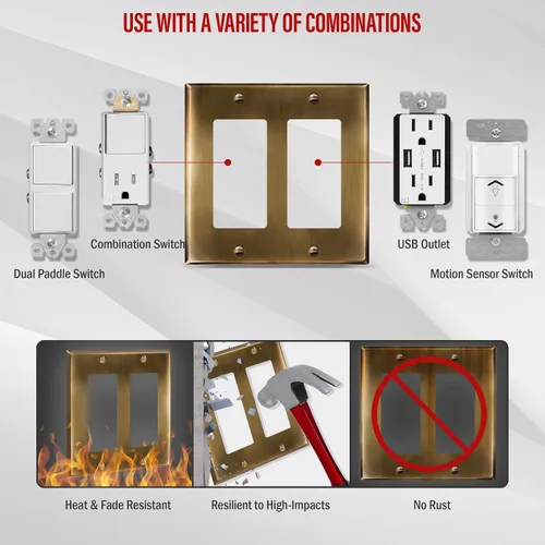 Vista 6 de ENERLITES Placa decorativa doble de metal para interruptor o receptáculo, placa de pared de acero inoxidable, resistente a la corrosión