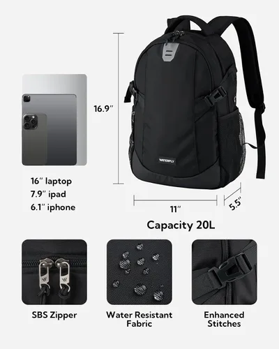 Vista 2 de WATERFLY Mochila pequeña de viaje casual 20L para hombres y mujeres, trabajo, viajeros, diarios, EDC Daypack Senderismo, Gimnasio