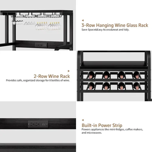 Vista 8 de Mini soporte para refrigerador con toma de corriente, soporte para microondas con estante para vino, barra de café con cestas de almacenamiento