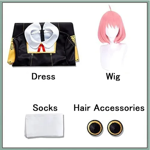 Vista 4 de Disfraz de Anya Forger de Spy Family Cosplay con clips para el pelo, calcetines y peluca para fiesta de Halloween para niñas de 3 a 12 años