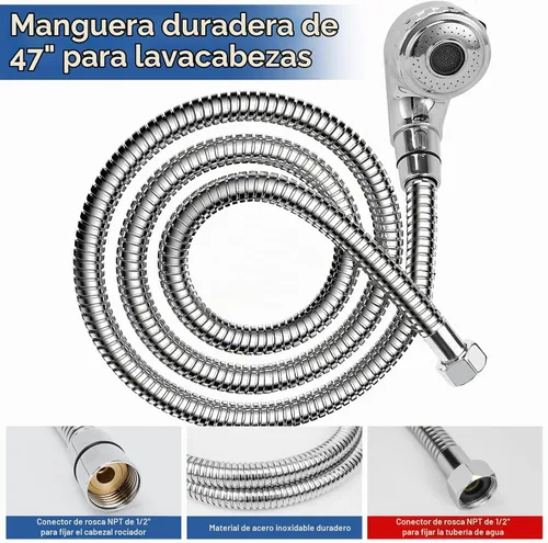 Vista 7 de Kit de rociador de manguera de tazón de champú con conector G1/2 pulgadas, manguera de champú de acero inoxidable de 47 pulgadas con cabezal