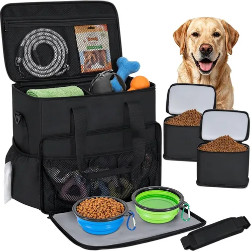Vista 11 de TORIBIO Bolsa de viaje grande para perros para suministros con cuenco de Gris