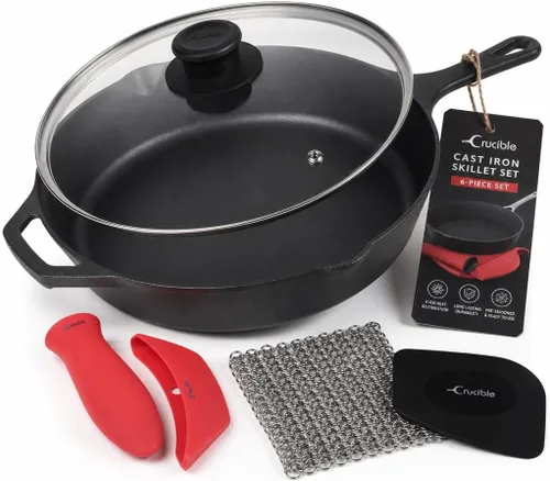 Vista 11 de Sartén de hierro fundido (extra profundo) – 10.25 pulgadas con tapa de sartén, sartenes + fundas de soporte de mango de silicona – Utensilios