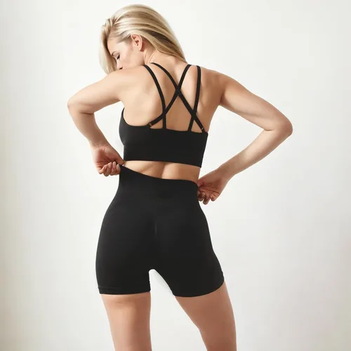 Vista 4 de APLANDUS Conjuntos de entrenamiento para mujer, 2 piezas, sin costuras, acanalados, de cintura alta, pantalones cortos deportivos, brasier sin