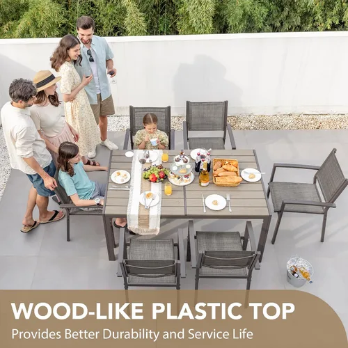 Vista 5 de Devoko Juego de comedor para patio, 7 piezas, muebles de exterior con mesa rectangular y 6 sillas apilables, juego de conversación familiar para Gris