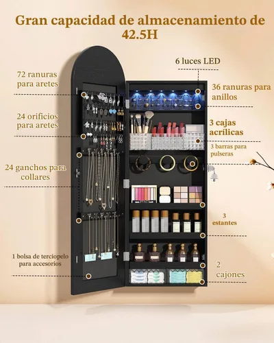 Vista 4 de Armario de joyería con espejo arqueado, sobre la puerta o montaje en Un negro