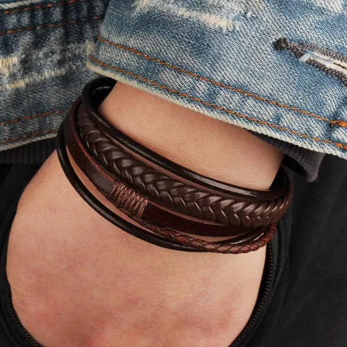 Vista 7 de Pulsera trenzada marrón casual de cuero negro para hombre