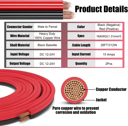 Vista 3 de Cable de extensión de encendedor de cigarrillos resistente de 12V/24V 16AWG de 4.9 pies, adaptador de cable de extensión de enchufe macho a hembra