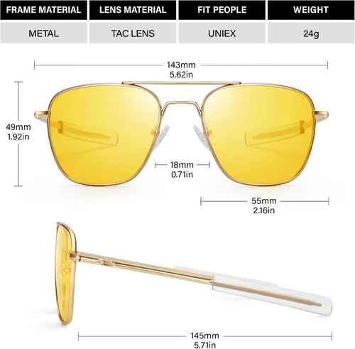 Vista 2 de Gafas de sol aviador para hombre, estilo militar, polarizadas, marco de metal con patillas de bayoneta, Lente de visión nocturna con marco dorado
